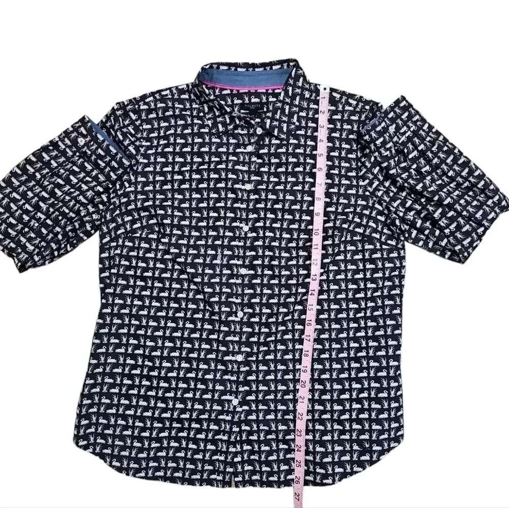 Talbots Womens 14P Shirt Black Cotton Swan Print Button Up Timeless Whimsigoth - Picture 8 of 8